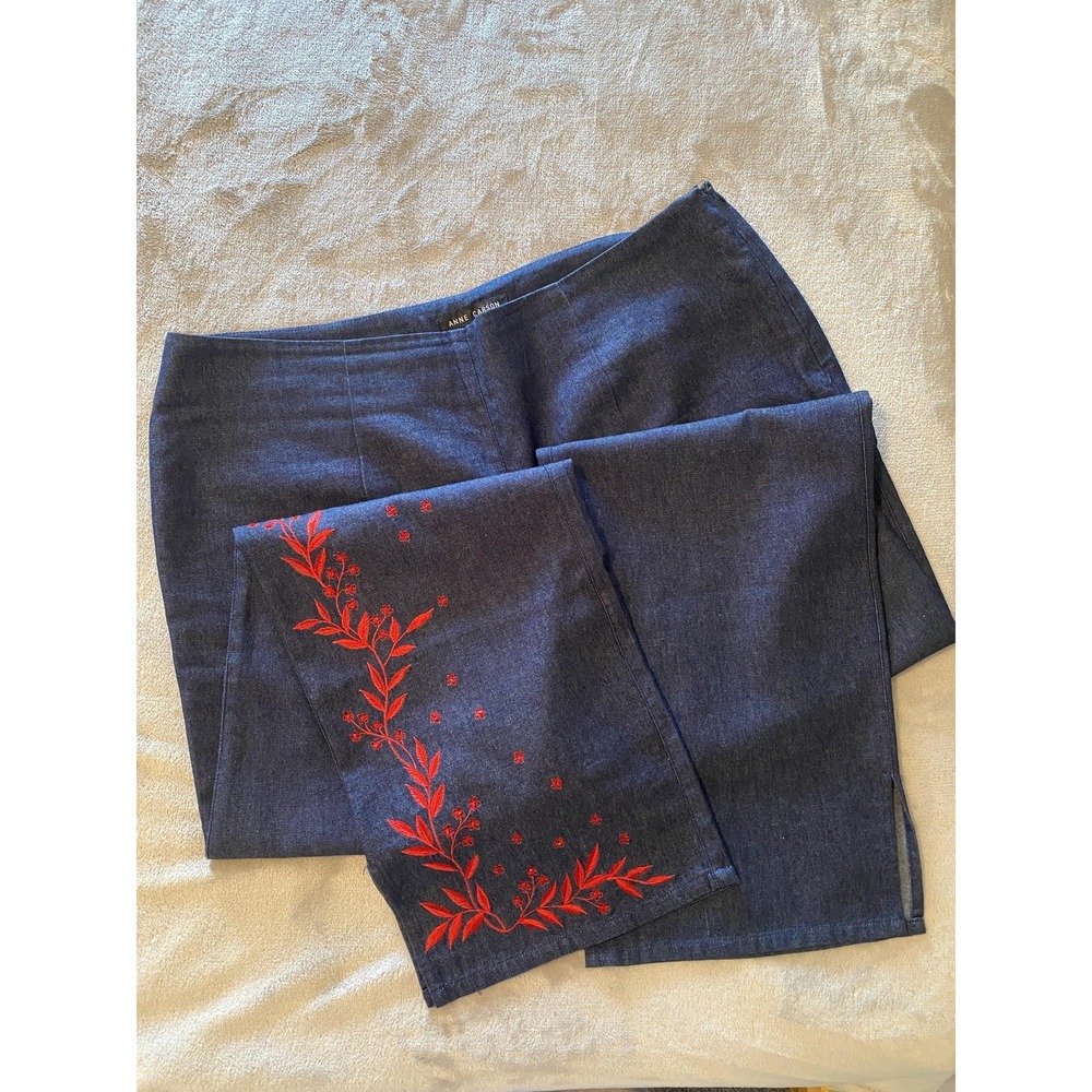 Anne Carson Pants Womens 16 Blue Denim Embroidered Beaded‎ Floral Side Zip Lined